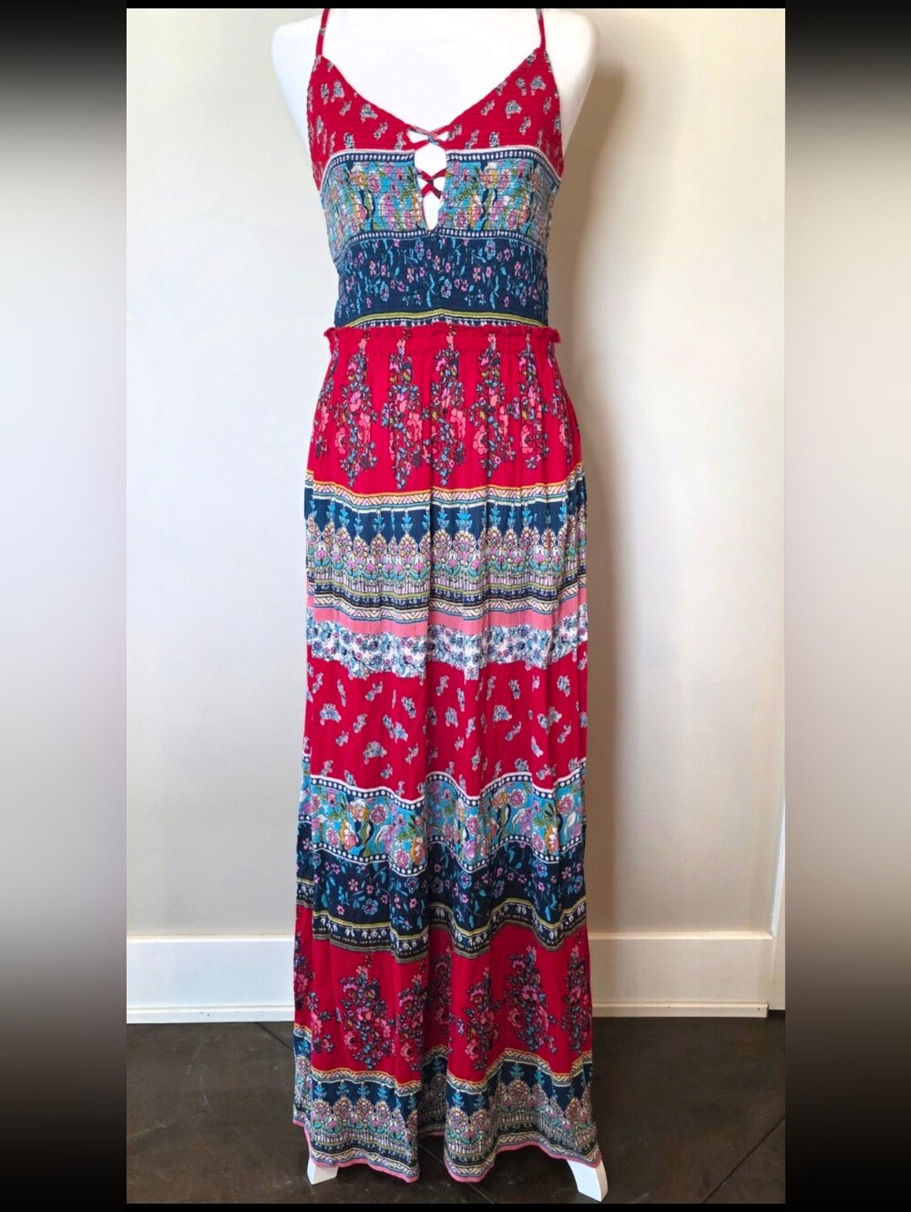 Patrons Of Peace  Boho Floral Smocked Maxi Dress Red Festival Cottagecore M